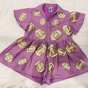 QUEEN OF SPARKLES Purple and Gold Football Romper